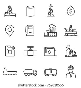 Oil and petroleum industry linear icons set. Line with editable stroke