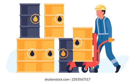 Oil petroleum industry. Man carry petrol barrels. Refinery plant worker in uniform. Metal containers stack. Oilman loading gasoline cask with trolley. Warehouse shipment