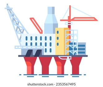 Oil petroleum industry. Marine platform. Gasoline production. Industrial rig and derrick. Sea petrol well. Ocean drilling and mining equipment. Offshore gas extraction