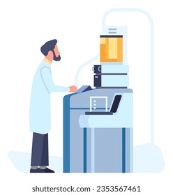 Industria petrolera. Laboratorio petroquímico. Gasolina de ensayo químico. Equipo de laboratorio. Trabajador con abrigo. Investigación científica. Ingeniero de manufactura. Análisis químico