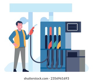 Oil petroleum industry. Petrol station. Transport refueling equipment. Worker in uniform standing with gasoline nozzle. Diesel pump. Automobile service. Vehicle refill