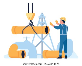 Oil petroleum industry. Pipeline building. Pipe lifting with crane. Professional worker repairing petrol equipment. Refinery plant. Fuel extraction. Engineer in uniform