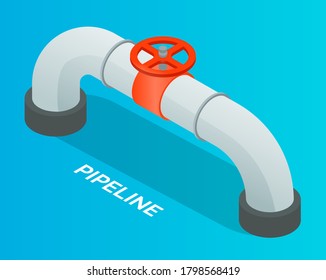 Oil petroleum industry. Pipeline, isometric industrial symbol. Oil, gas or water flowing through pipe. Pipeline construction with valve isolated. Industrial system. Valve for open or close flow
