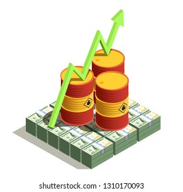 Oil petroleum industry production benefits isometric composition with dollar banknotes and barrel value growth arrow vector illustration