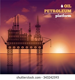 Oil petroleum sea platform building with sunset on background vector illustration