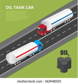Oil, petroleum transportation, tank car, tanker. Metal oil barrel. Oil industry business. Flat 3d isometric infographic  vector illustration.