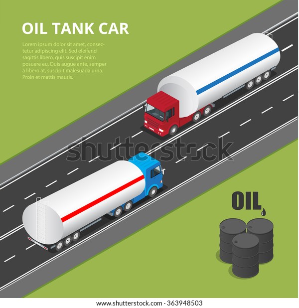 Oil, petroleum transportation, tank car,\
tanker. Metal oil barrel. Oil industry business. Flat 3d isometric\
infographic  vector\
illustration.