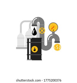 oil pipe with a manometer and a drop of oil falling into a barrel in front of an oil refinery. Oil industry crisis concept
