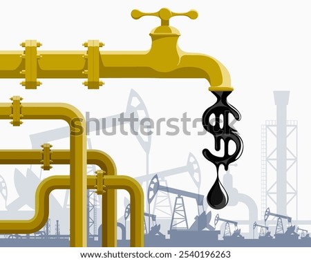 Oil pipeline. Against background of oil rigs and wells. Production and extraction of crude oil and fuel. Stock vector illustration