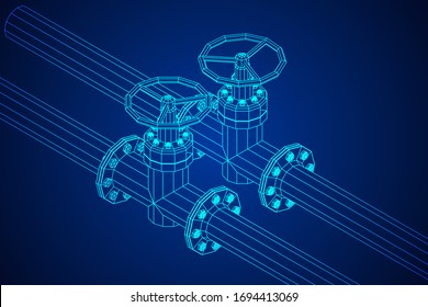Oil pipeline with valve business concept. Finance economy polygonal petrol production. Petroleum fuel industry transportation line. Wireframe low poly mesh vector illustration.