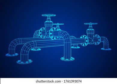 Oil pipeline with valve business concept. Finance economy polygonal petrol production. Petroleum fuel industry transportation line. Wireframe low poly mesh vector illustration.