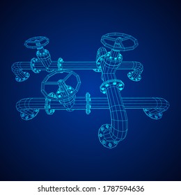 Oil pipeline with valve business concept. Finance economy polygonal petrol production. Petroleum fuel industry transportation line. Wireframe low poly mesh vector illustration.