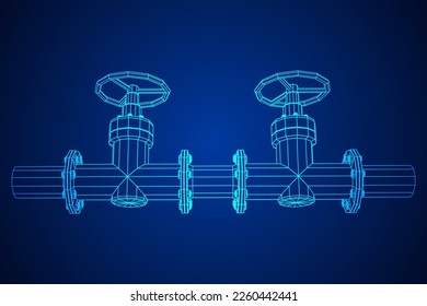Oil pipeline with valve business concept. Finance economy polygonal petrol production. Petroleum fuel industry transportation line. Wireframe low poly mesh vector illustration