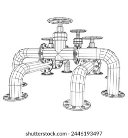 Oil pipeline with valve. Petrol production. Petroleum fuel industry transportation line. Wireframe low poly mesh vector illustration