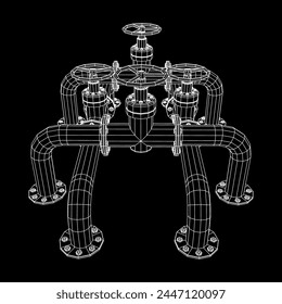 Oil pipeline with valve. Petrol production. Petroleum fuel industry transportation line. Wireframe low poly mesh vector illustration