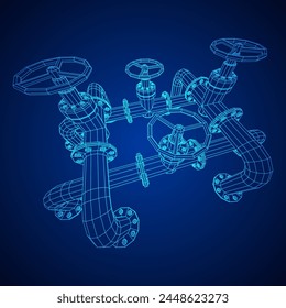 Oil pipeline with valve. Petrol production. Petroleum fuel industry transportation line. Wireframe low poly mesh vector illustration
