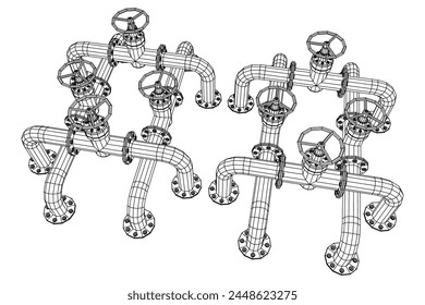 Oil pipeline with valve. Petrol production. Petroleum fuel industry transportation line. Wireframe low poly mesh vector illustration