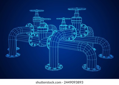 Tubería de aceite con válvula. Producción de gasolina. Línea de transporte de la industria petrolera. Ilustración vectorial de malla de polietileno baja