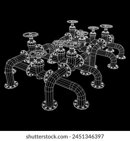 Oil pipeline with valve. Petrol production. Petroleum fuel industry transportation line. Wireframe low poly mesh vector illustration