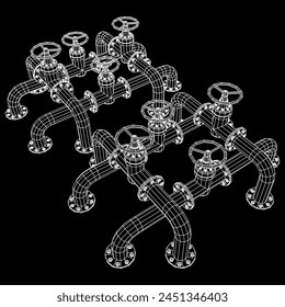 Oil pipeline with valve. Petrol production. Petroleum fuel industry transportation line. Wireframe low poly mesh vector illustration