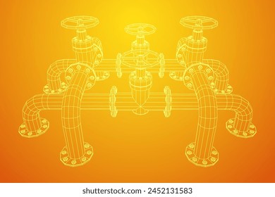 Oil pipeline with valve. Petrol production. Petroleum fuel industry transportation line. Wireframe low poly mesh vector illustration