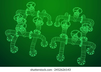 Oil pipeline with valve. Petrol production. Petroleum fuel industry transportation line. Wireframe low poly mesh vector illustration