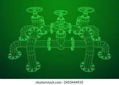 Oil pipeline with valve. Petrol production. Petroleum fuel industry transportation line. Wireframe low poly mesh vector illustration