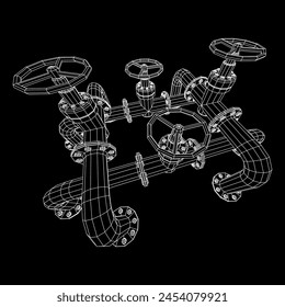 Oil pipeline with valve. Petrol production. Petroleum fuel industry transportation line. Wireframe low poly mesh vector illustration