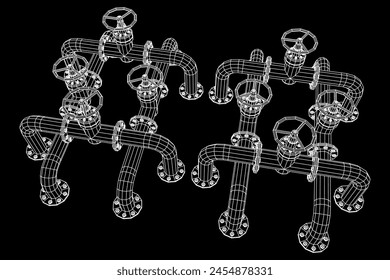 Oil pipeline with valve. Petrol production. Petroleum fuel industry transportation line. Wireframe low poly mesh vector illustration