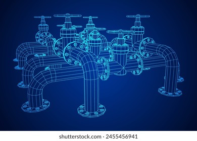 Oil pipeline with valve. Petrol production. Petroleum fuel industry transportation line. Wireframe low poly mesh vector illustration