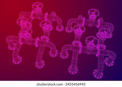 Oil pipeline with valve. Petrol production. Petroleum fuel industry transportation line. Wireframe low poly mesh vector illustration