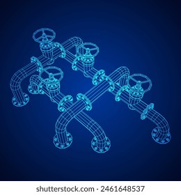 Oil pipeline with valve. Petrol production. Petroleum fuel industry transportation line. Wireframe low poly mesh vector illustration