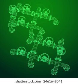 Oil pipeline with valve. Petrol production. Petroleum fuel industry transportation line. Wireframe low poly mesh vector illustration
