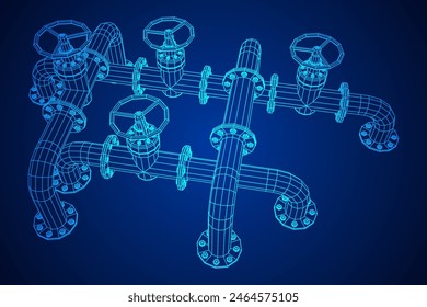 Oil pipeline with valve. Petrol production. Petroleum fuel industry transportation line. Wireframe low poly mesh vector illustration