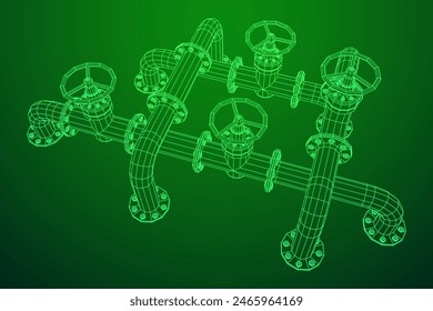 Oil pipeline with valve. Petrol production. Petroleum fuel industry transportation line. Wireframe low poly mesh vector illustration
