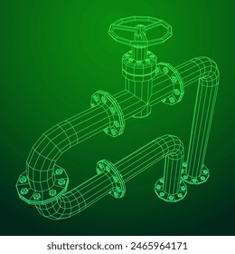 Oil pipeline with valve. Petrol production. Petroleum fuel industry transportation line. Wireframe low poly mesh vector illustration