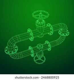 Oil pipeline with valve. Petrol production. Petroleum fuel industry transportation line. Wireframe low poly mesh vector illustration
