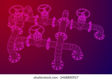 Oil pipeline with valve. Petrol production. Petroleum fuel industry transportation line. Wireframe low poly mesh vector illustration