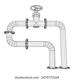 Oil pipeline with valve. Petrol production. Petroleum fuel industry transportation line. Wireframe low poly mesh vector illustration