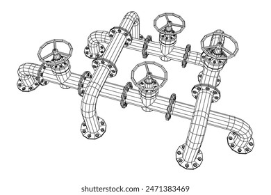 Oil pipeline with valve. Petrol production. Petroleum fuel industry transportation line. Wireframe low poly mesh vector illustration