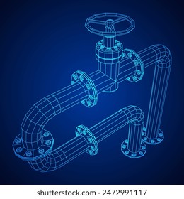 Oil pipeline with valve. Petrol production. Petroleum fuel industry transportation line. Wireframe low poly mesh vector illustration