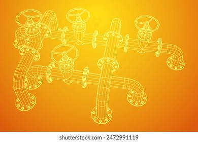 Oil pipeline with valve. Petrol production. Petroleum fuel industry transportation line. Wireframe low poly mesh vector illustration