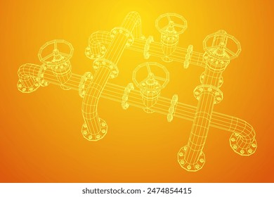 Oil pipeline with valve. Petrol production. Petroleum fuel industry transportation line. Wireframe low poly mesh vector illustration