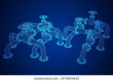 Oil pipeline with valve. Petrol production. Petroleum fuel industry transportation line. Wireframe low poly mesh vector illustration