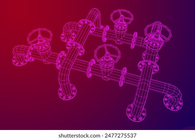 Oil pipeline with valve. Petrol production. Petroleum fuel industry transportation line. Wireframe low poly mesh vector illustration