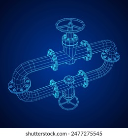 Oil pipeline with valve. Petrol production. Petroleum fuel industry transportation line. Wireframe low poly mesh vector illustration