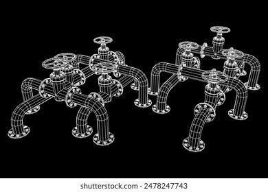 Oil pipeline with valve. Petrol production. Petroleum fuel industry transportation line. Wireframe low poly mesh vector illustration
