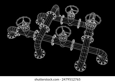 Tubería de aceite con válvula. Producción de gasolina. Línea de transporte de la industria petrolera. Ilustración vectorial de malla de polietileno baja