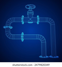 Oil pipeline with valve. Petrol production. Petroleum fuel industry transportation line. Wireframe low poly mesh vector illustration