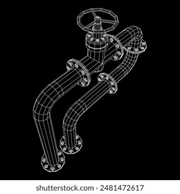 Oil pipeline with valve. Petrol production. Petroleum fuel industry transportation line. Wireframe low poly mesh vector illustration